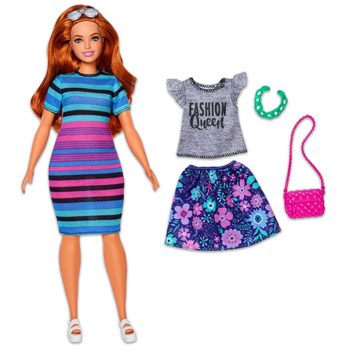  Barbie Fashionistas: Barna hajú molett Barbie, csíkos ruhában